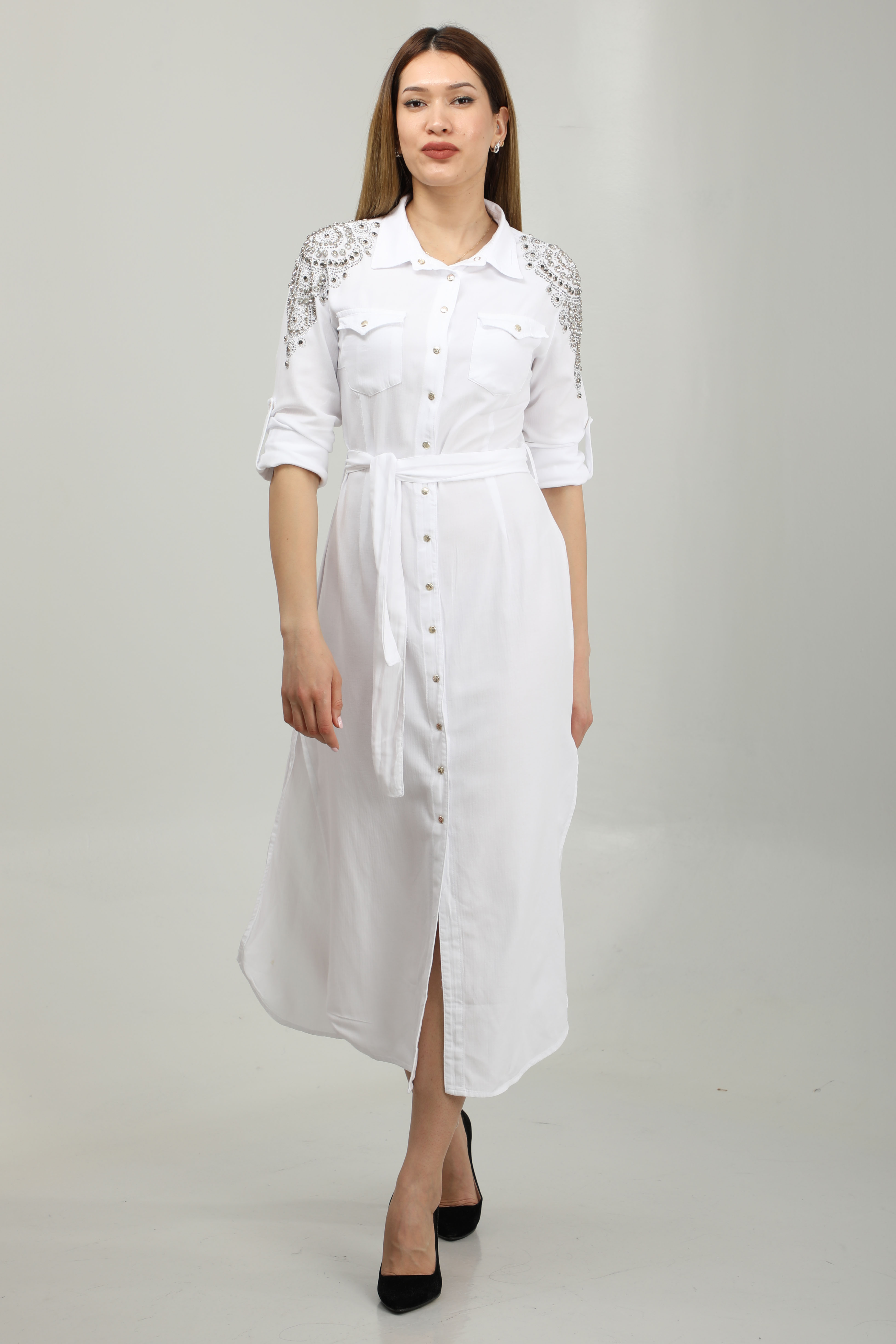 WHITE SHOULDER PATTERNED DRESS
