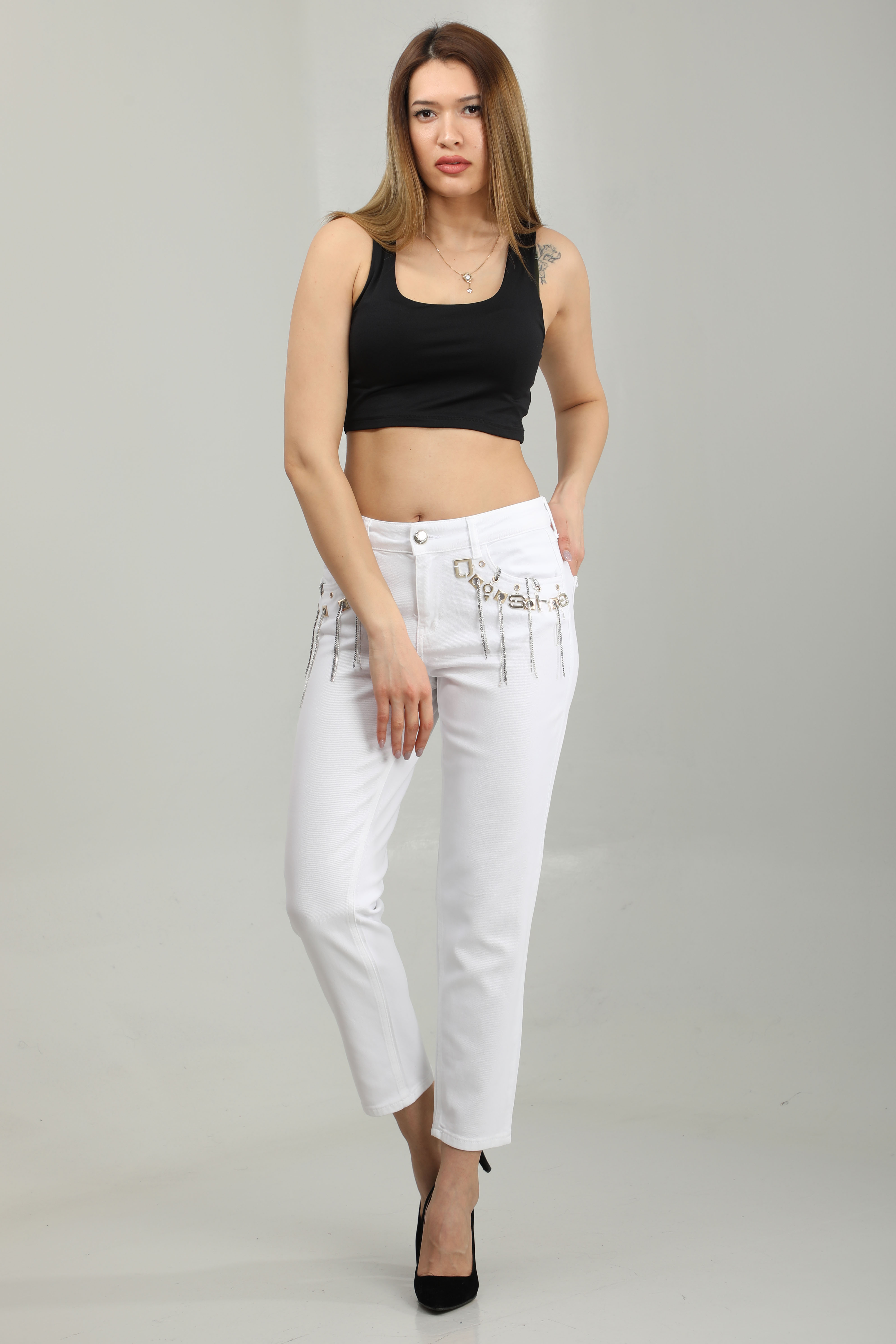 WHITE DISHE PATTERNED JEANS